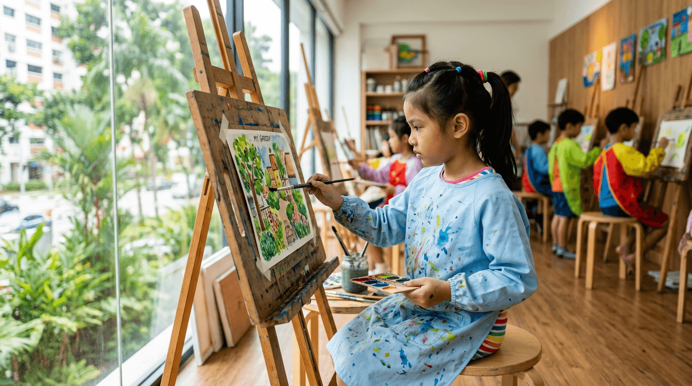 Child painting at an art class in Singapore