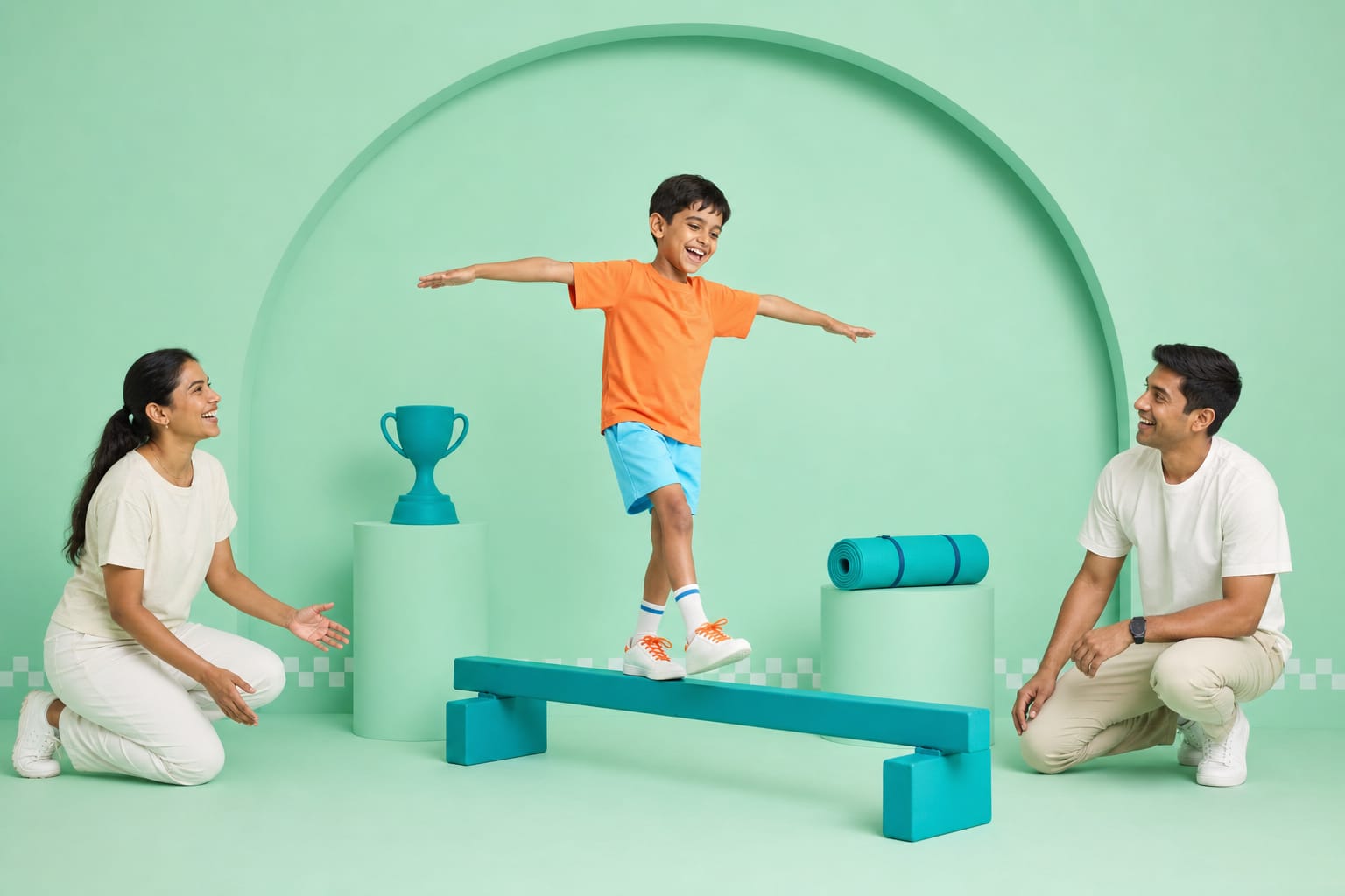 A boy balances on a low teal balance beam with his arms stretched wide in a mint-green studio.