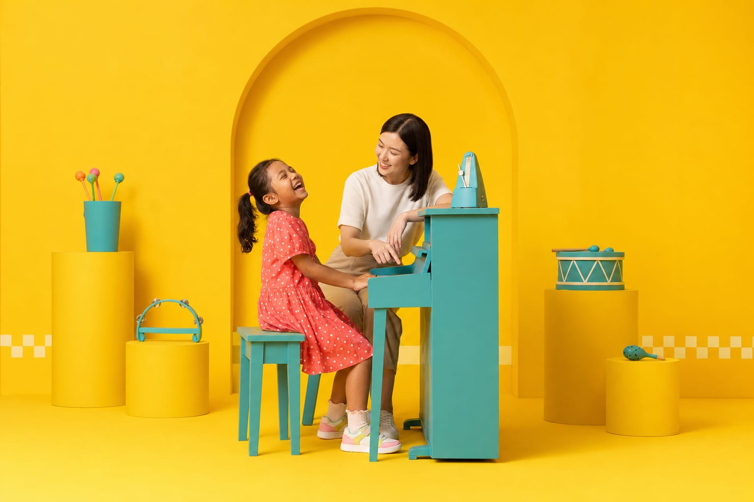A girl laughs mid-song at a teal piano beside her smiling teacher in a yellow studio.