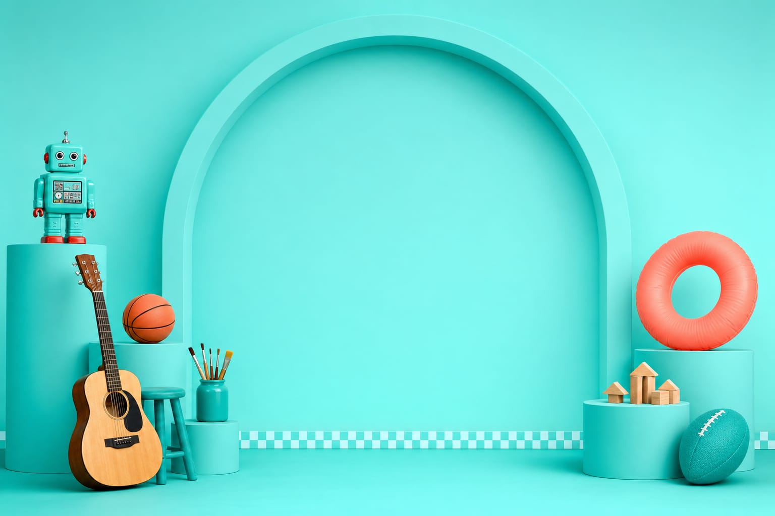 A bright aqua studio set with a large arch, its pedestals holding props from many children's activities: a toy robot, a basketball, a guitar, paintbrushes, a swim ring and building blocks.