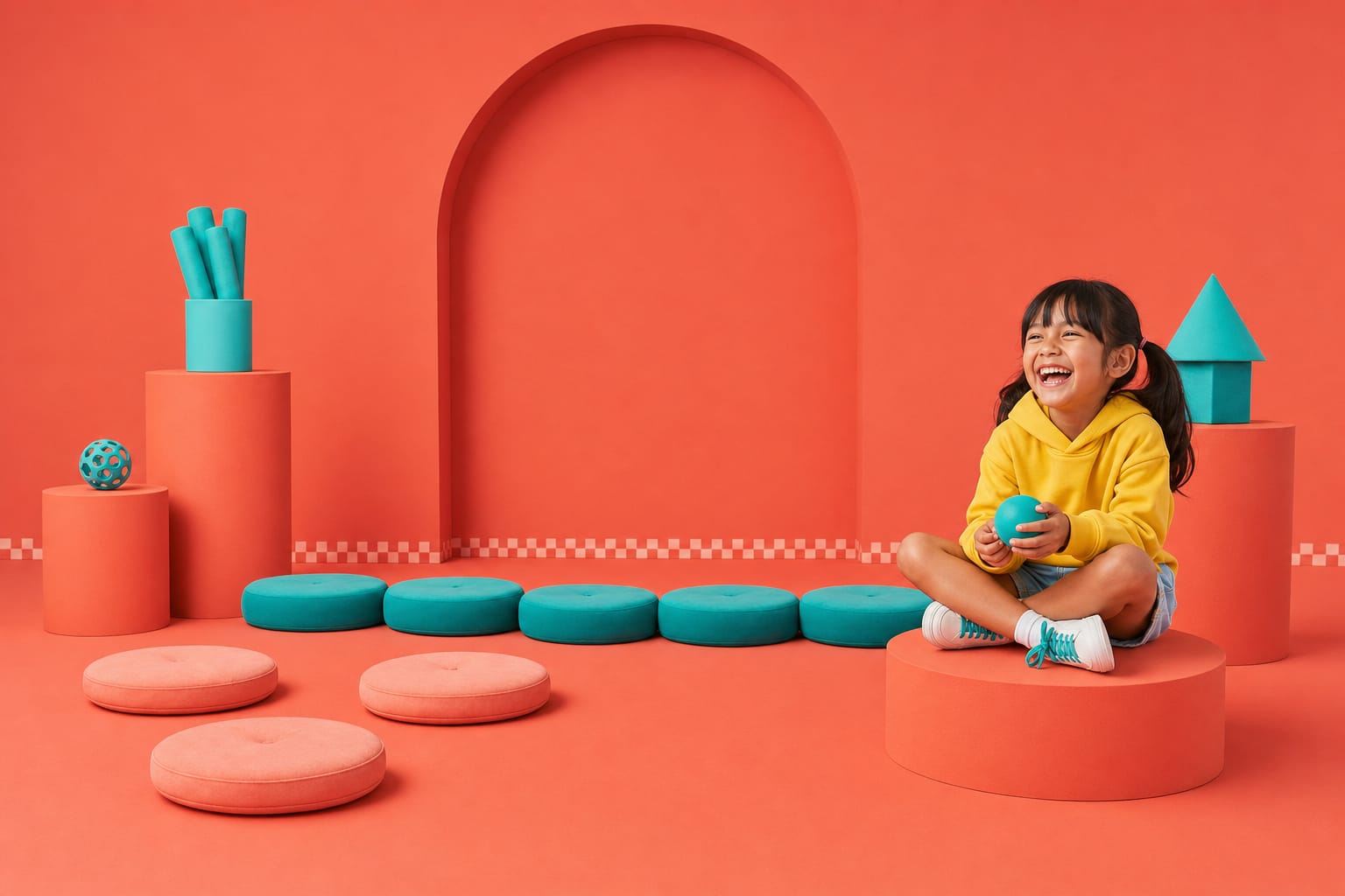 A girl sits laughing on a pedestal in a coral-red studio beside a row of teal floor cushions, with pale empty cushions set apart in the foreground.