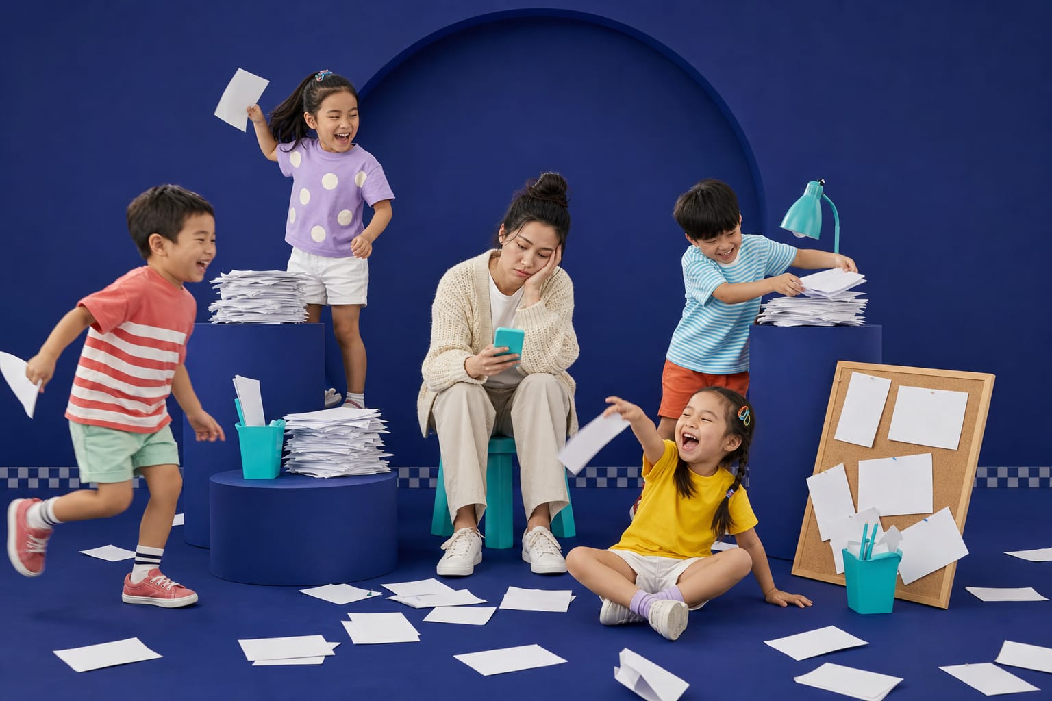 A tired parent checks their phone on a stool in a deep indigo studio while children fling blank flyers around them, pedestals stacked with paper on every side.