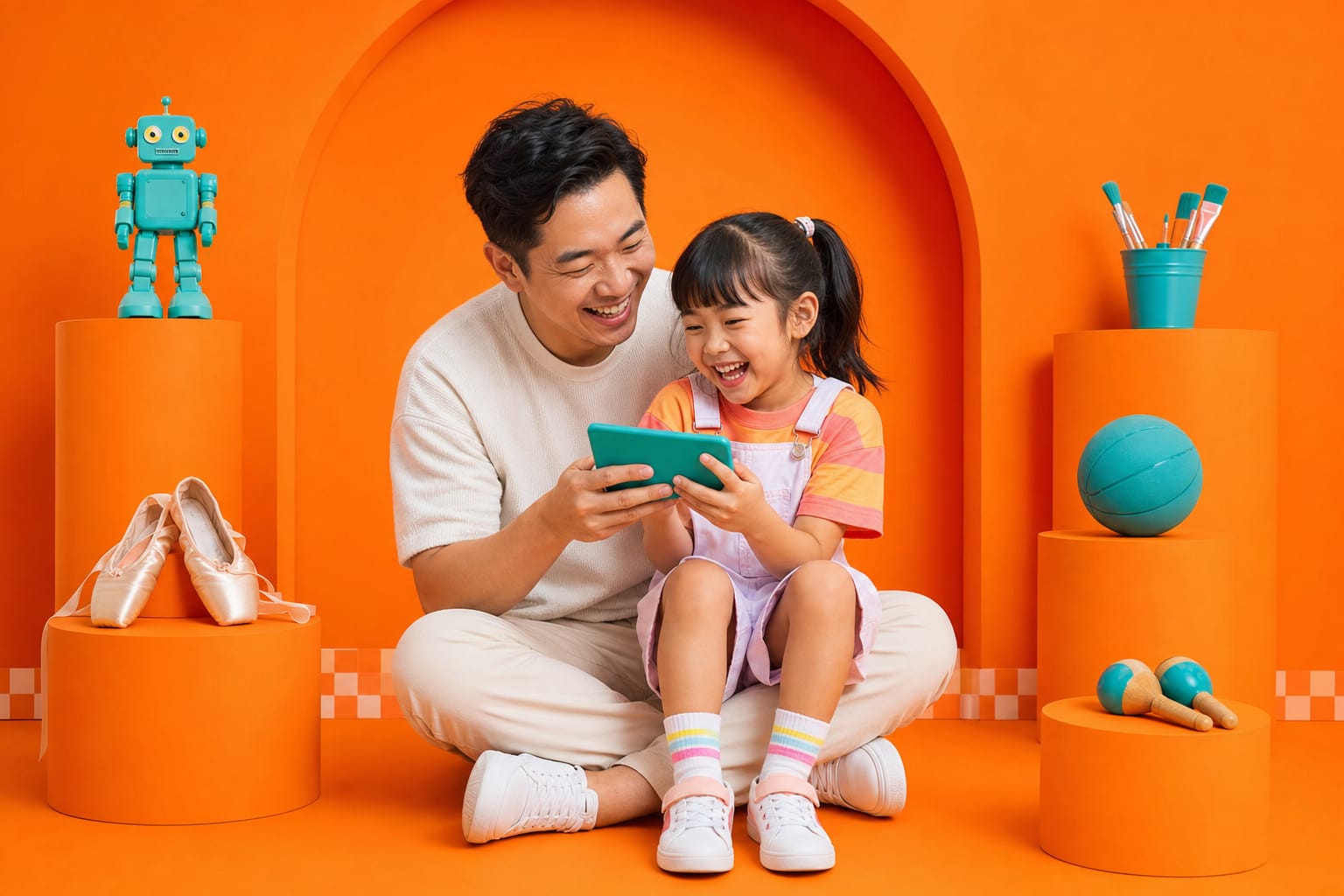 A father and daughter sit laughing on the floor of an orange studio sharing a phone, surrounded by pedestals each holding one activity prop: a robot, ballet shoes, paintbrushes, a basketball, maracas.