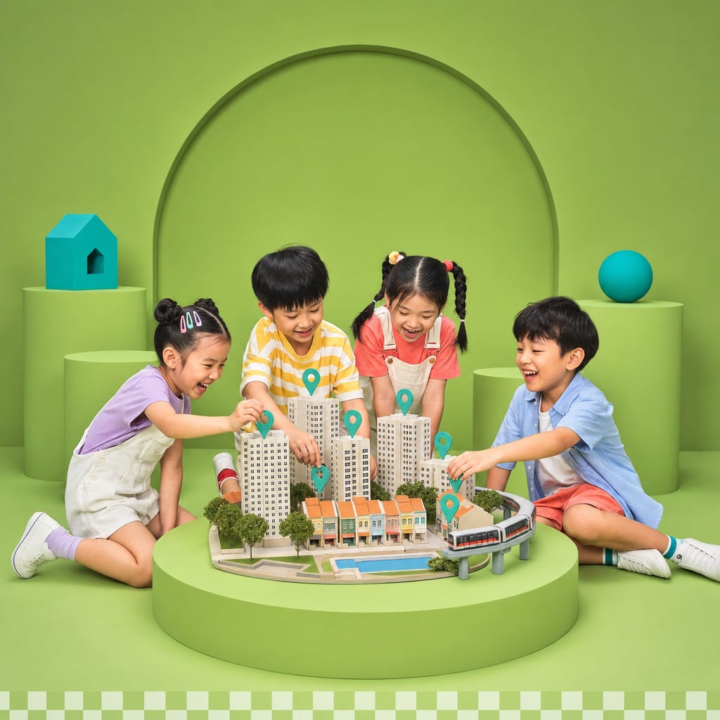 Two children place teal map pins on a tabletop diorama of Singapore in a green studio: HDB blocks, a shophouse row, a train viaduct and a community pool.