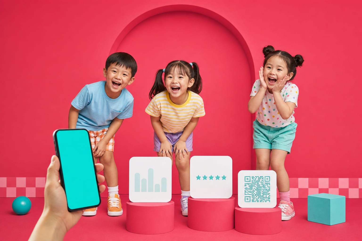 A parent holds up a phone in a deep pink studio where three laughing children pose on pedestals beside cards showing listing bars, five stars, and a scannable code.