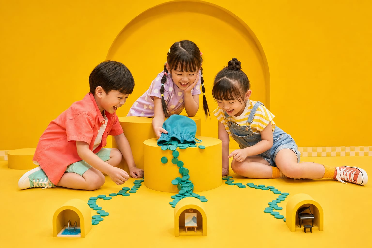 Three children trace a stream of teal tokens spilling from a pouch in a yellow studio, the trails ending at three small doorways: a pool, an easel, a piano.