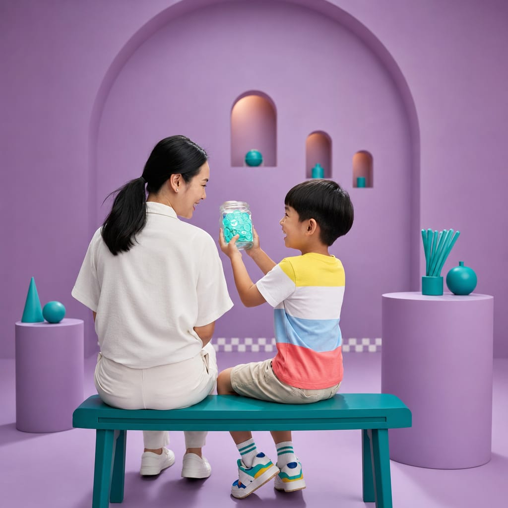 A mother and son seen from behind on a teal bench in a purple studio, the boy holding a jar of glowing teal tokens, three arch niches ahead with the nearest lit.