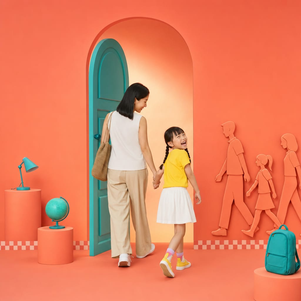 A mother and daughter step hand in hand through a warmly lit arch doorway in a coral studio while flat coral standee figures pass by along the wall.