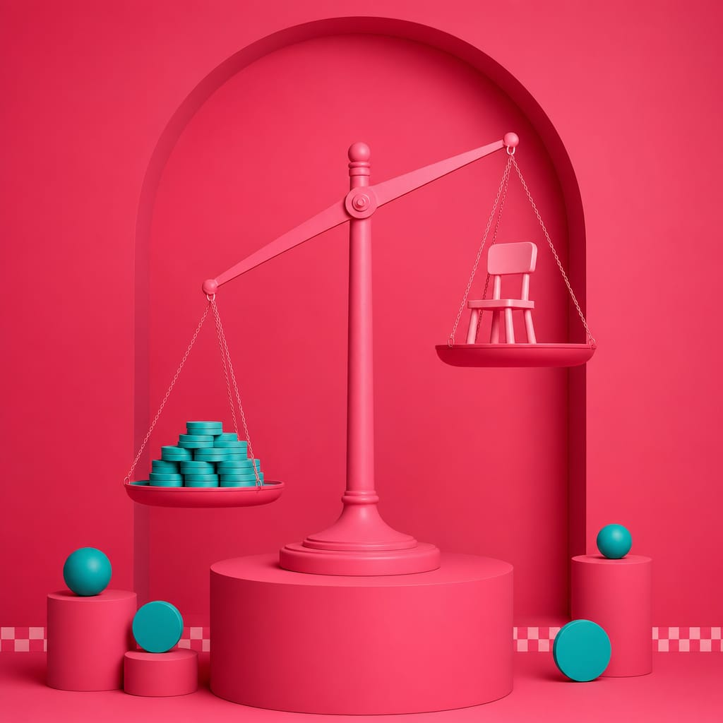 A balance scale on a pedestal in a hot-pink studio: a pale empty child's chair on the higher pan, a stack of teal tokens on the lower.
