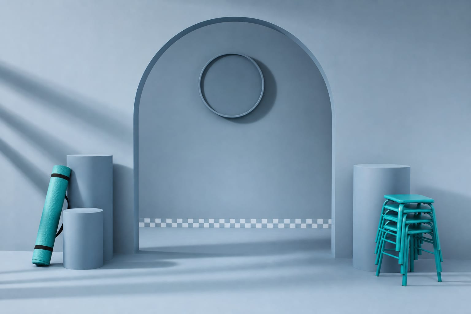 An empty slate-blue studio in mid afternoon: stacked teal stools, a rolled mat, and a blank wall clock hanging inside the arch.