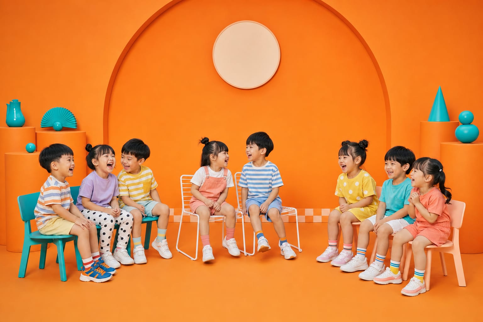 Three groups of children laugh together in an orange studio, each group on a different kind of chair: solid teal, white wireframe, and pale wood.