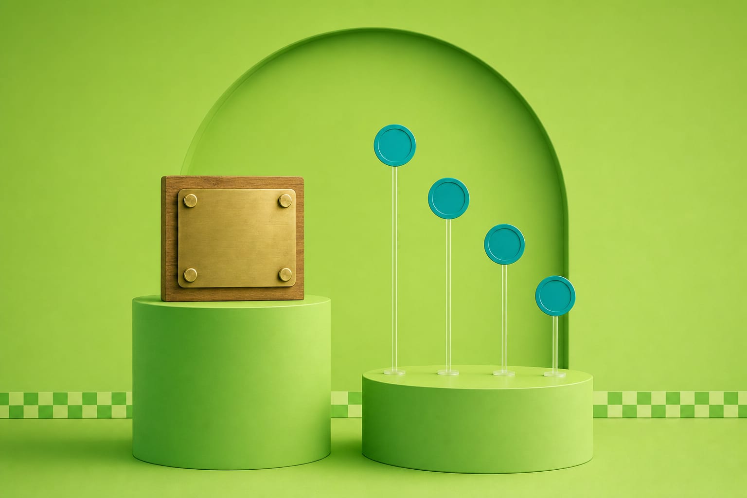 A brass plate bolted to a block on one pedestal in a green studio, and a row of teal tokens held at different heights on clear rods beside it.