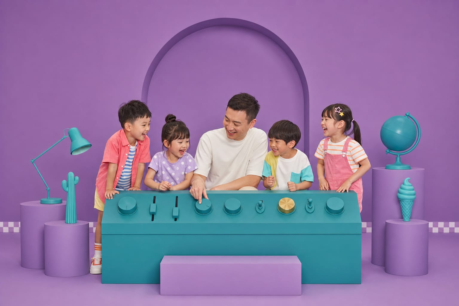 A father and four children laugh together at a teal control console of dials, sliders and switches in a purple studio, one dial in brass.