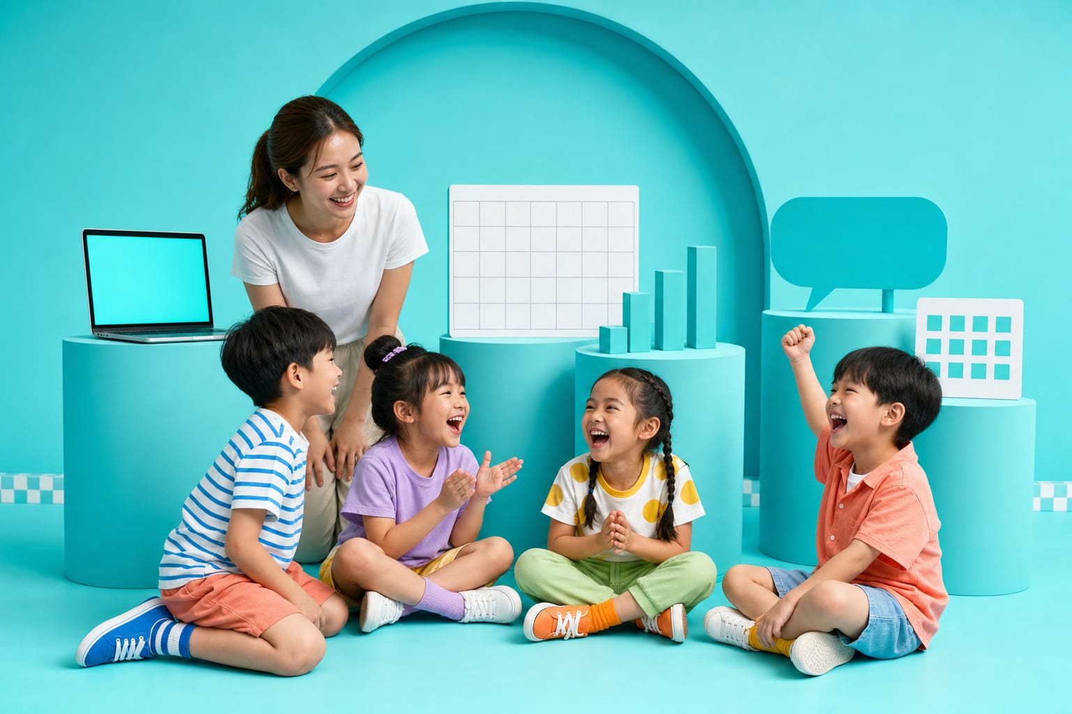 A teacher and four children celebrate in an aqua studio among dashboard stand-ins: a laptop, a blank month grid, a bar chart, a speech-bubble sign and a code card.