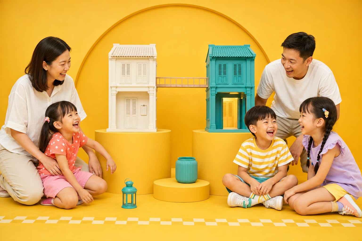 Two families sit laughing either side of two shophouse models in a yellow studio, one white and one teal with a lit doorway, joined by a narrow footbridge.
