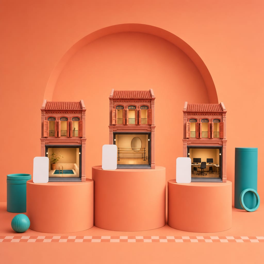 Three lit shophouse studio-front models in a row in a coral studio: a tiny pool, a ballet barre, and desks with computers, a blank card beside each.