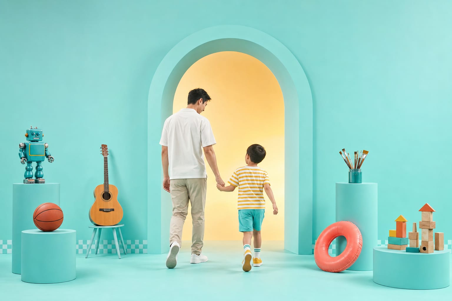 The aqua studio in warm evening light, a father and son walking hand in hand towards the glowing arch, activity props on the pedestals around them.
