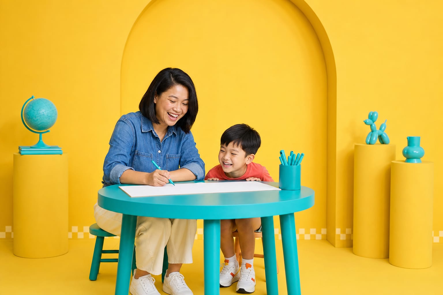 A studio owner laughs as she signs a form card at a teal table while a boy peeks over the edge in a yellow studio.