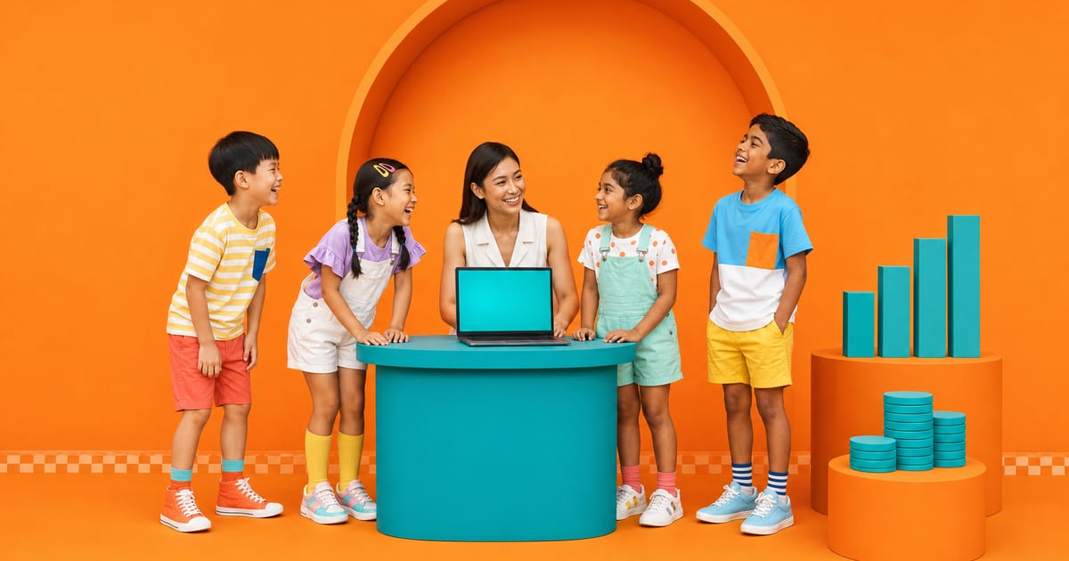 A centre owner and four children around a laptop, with a rising bar chart and stacked coins beside them