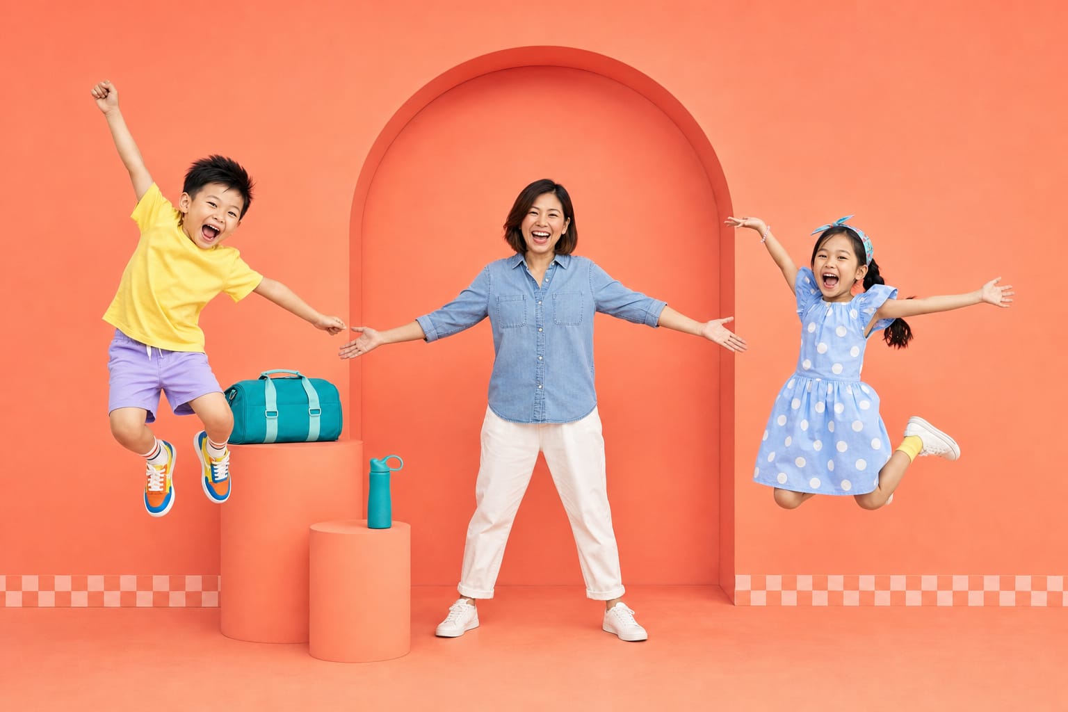 A studio owner spreads her arms in welcome while two children leap for joy beside her in a coral studio.
